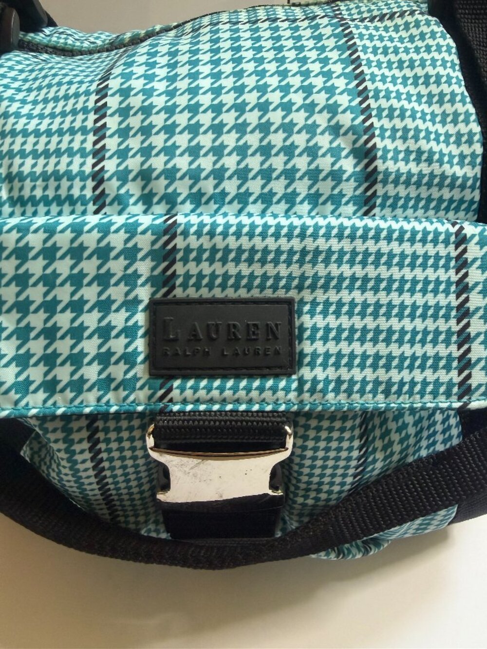 Ralph Lauren Plaid Houndstooth Black and Blue Nylon Tote Bag